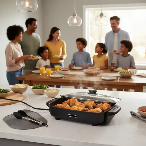 Electric skillet cooking a meal for a family and serving it warm on a countertop.