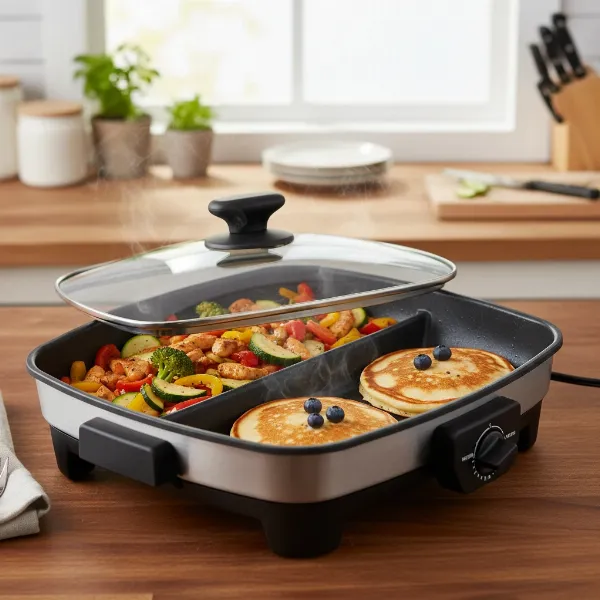 Elite Gourmet electric skillet cooking a variety of versatile meals, showcasing its multi-tasking capabilities.
