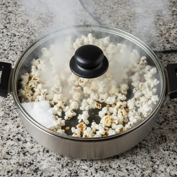 Close-up of popcorn kernels actively popping inside an electric skillet with a clear lid.
