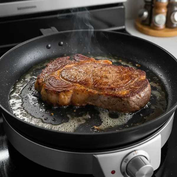 A thick steak actively searing in an electric skillet, developing a golden-brown crust.