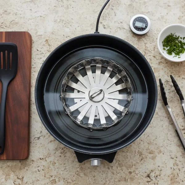 Electric skillet with a metal steamer basket and water, ready for steaming vegetables.