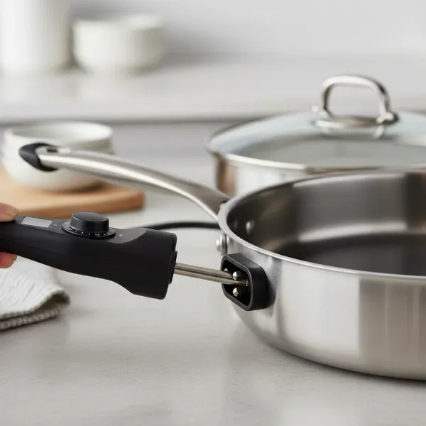 Close-up of an electric skillet's detachable temperature control probe, highlighting its connection.