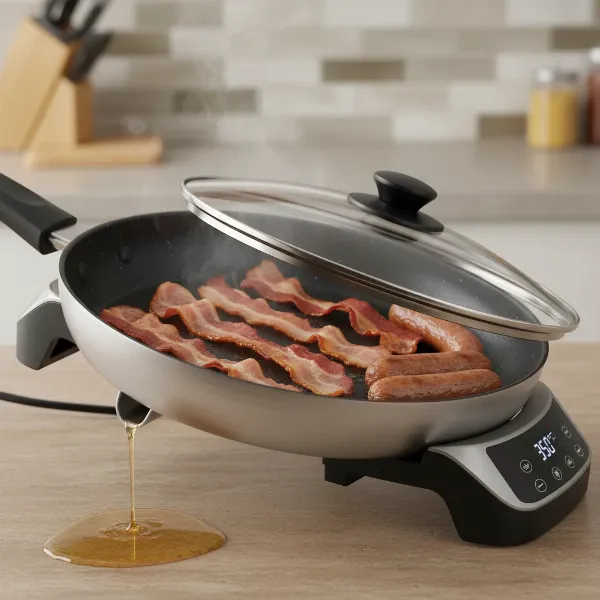 Electric skillet with a raised tilt leg, allowing excess cooking grease to drain into a collection area.