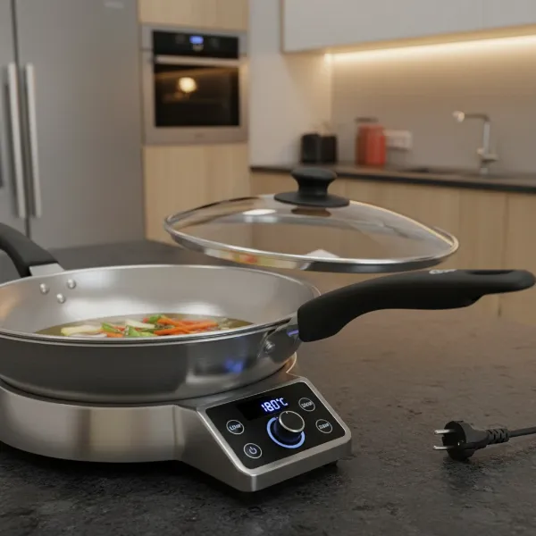 Close-up of an electric wok's cool-touch handles, flat bottom, and temperature control dial.