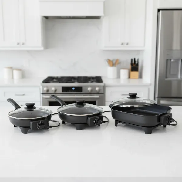 Different sizes of Elite Gourmet electric skillets displayed with key features.