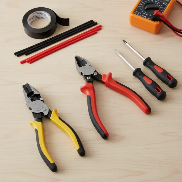 Assortment of tools for electrical repair: wire cutters, strippers, screwdrivers, electrical tape.