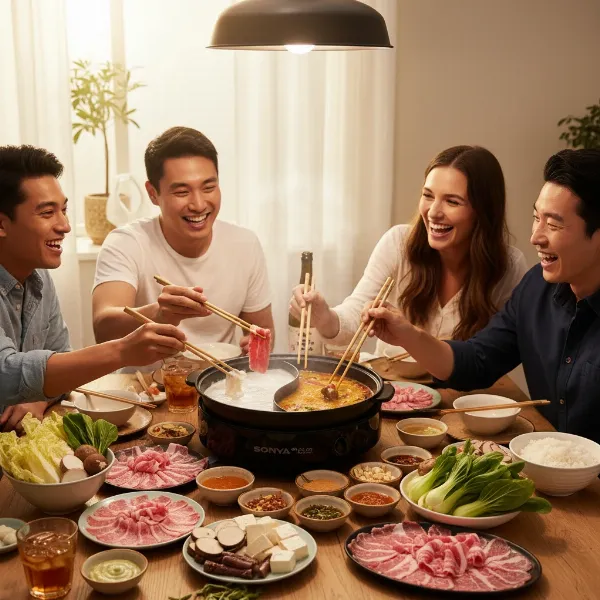 Family and friends enjoying a shabu shabu meal around a Sonya electric hot pot.