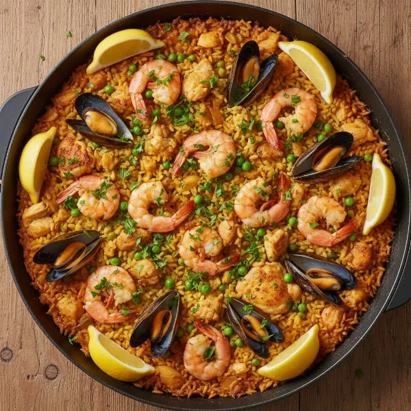 A beautifully cooked paella in an electric skillet, garnished with fresh parsley and lemon wedges