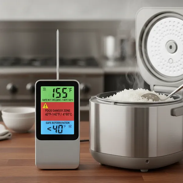 Food thermometer illustrating safe temperatures, danger zone for bacterial growth in cooked food.