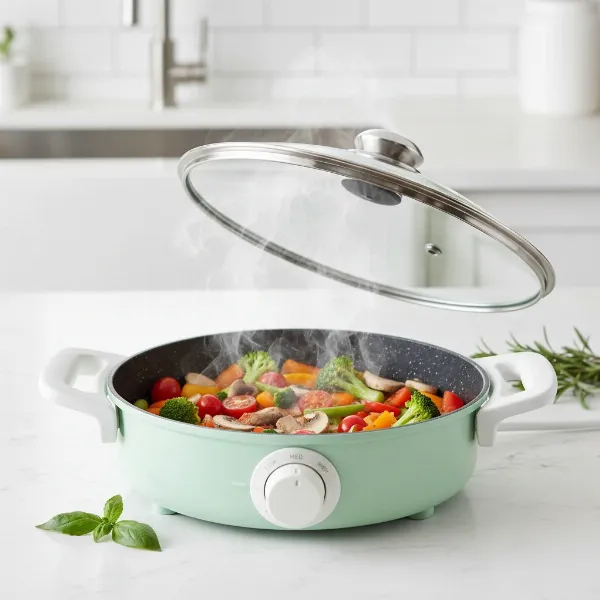 GreenLife ceramic electric skillet with lid, showcasing healthy nonstick coating and temperature control