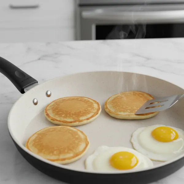 Close-up of Hamilton Beach Durathon ceramic nonstick skillet surface with food cooking, showing easy release.