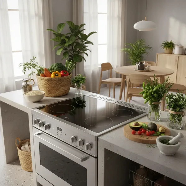 Stainless steel electric cooker in a modern, healthy kitchen environment with fresh ingredients.