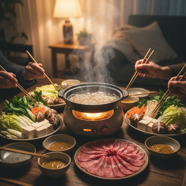 A lively shabu-shabu party setup at home, featuring a bubbling electric hot pot with fresh ingredients.