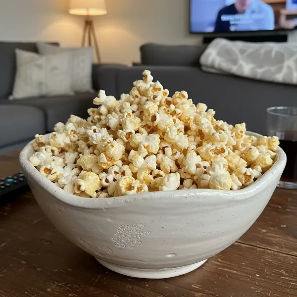 Large white bowl overflowing with freshly popped, fluffy, buttery, and salted popcorn.
