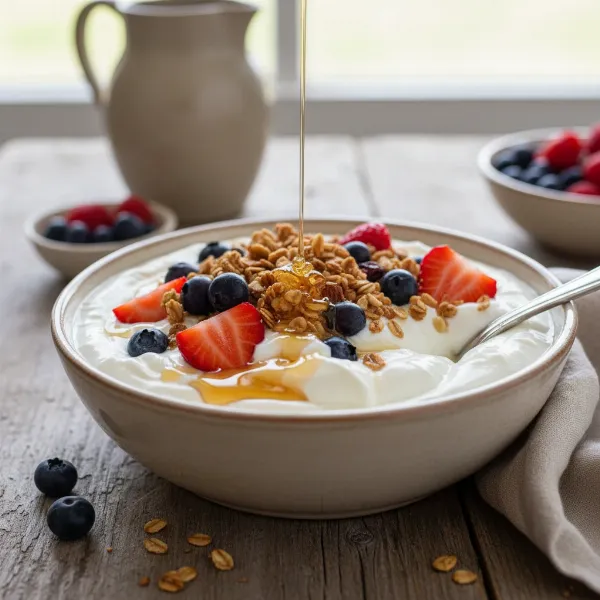 A beautiful bowl of creamy homemade yogurt with fresh fruit and honey.