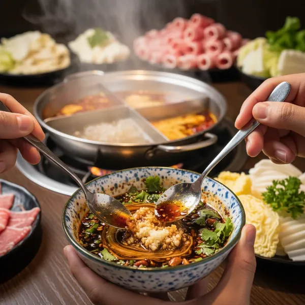 Hands mixing various ingredients into a personalized hot pot dipping sauce bowl