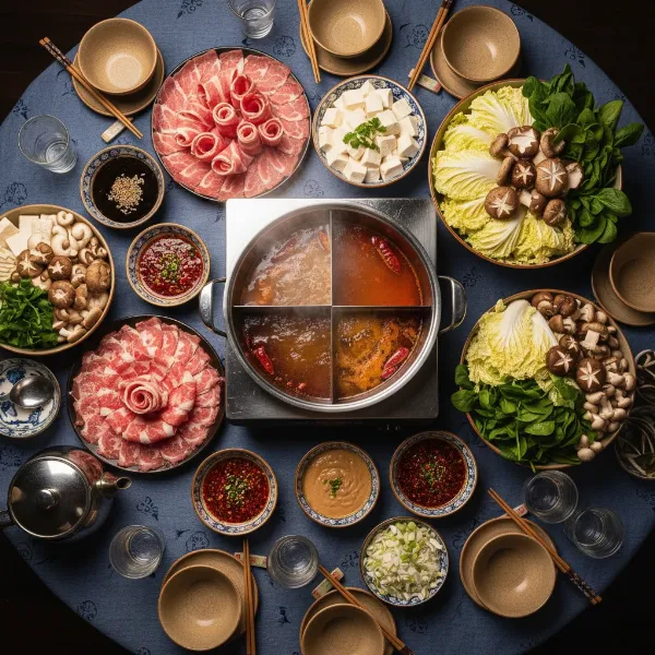 A beautifully arranged hot pot table with fresh ingredients, dipping sauces, and an electric pot.