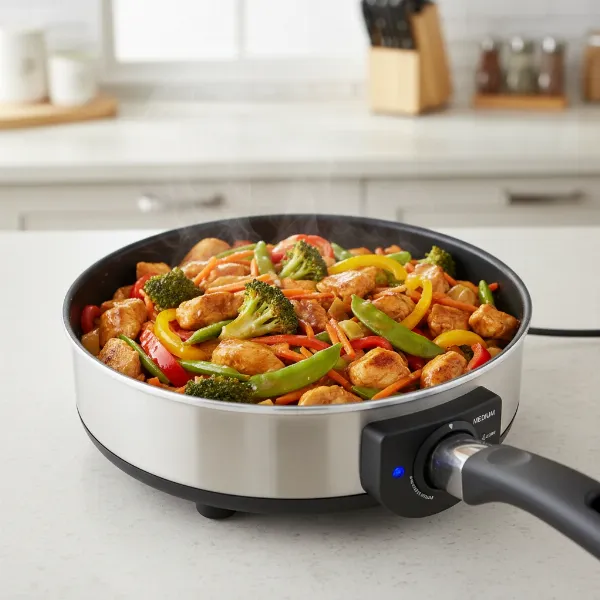 IMUSA electric sauté pan cooking a colorful stir-fry with vegetables and chicken.