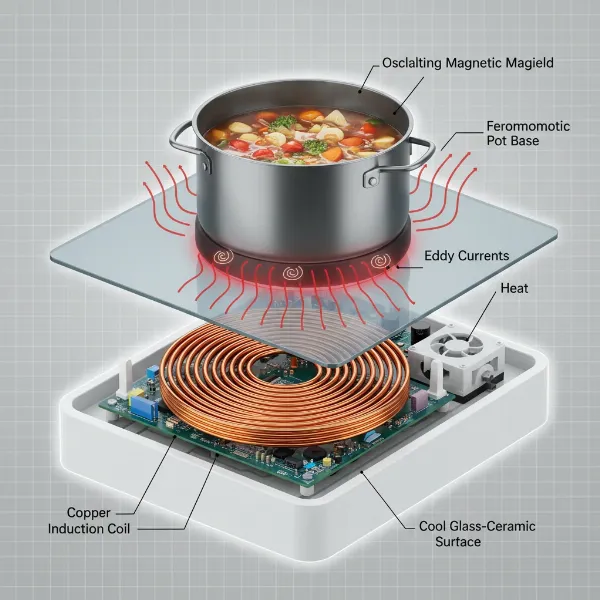 Illustration of an induction cooker generating heat directly within a ferromagnetic pot