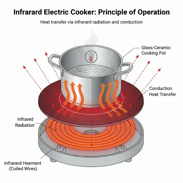 Diagram showing how an infrared cooker uses radiant heat to warm a pan
