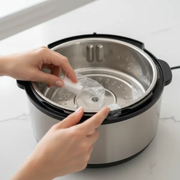 A person inspecting a new electric cooker, removing protective packaging before first use.