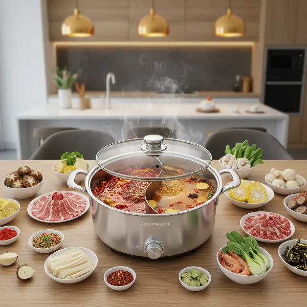 Joydeem electric hot pot with divider showcasing two distinct broths for a versatile shared meal.