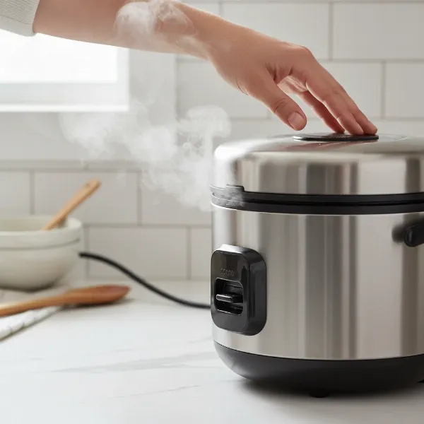 Hand closing the lid of an electric rice cooker to maintain warmth and moisture.