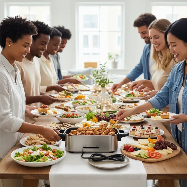 Electric skillet with detachable cord being passed at a buffet, showing serving flexibility