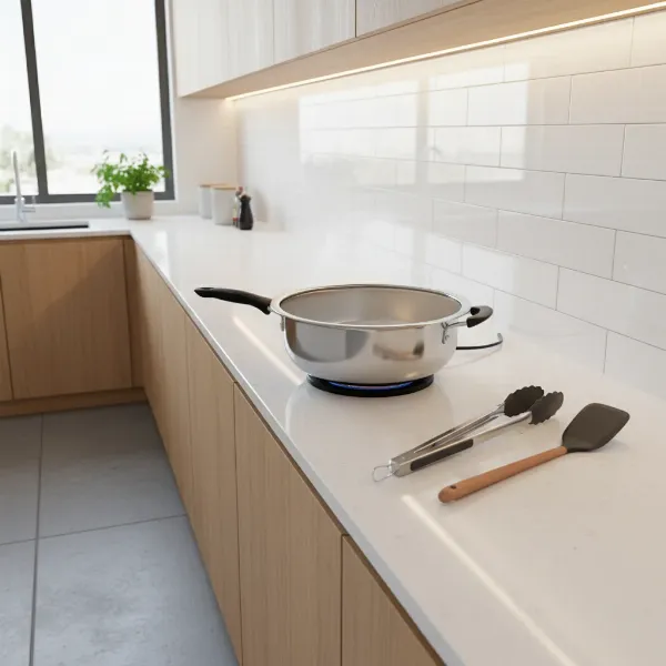 Kitchen scene with electric pot, splatter screen, and long-handled utensils for frying.
