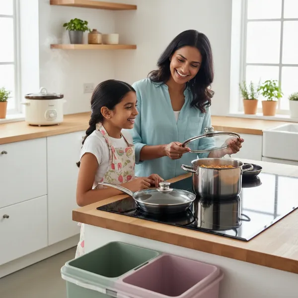 Diverse family using energy-efficient practices in a modern kitchen with induction cooktop