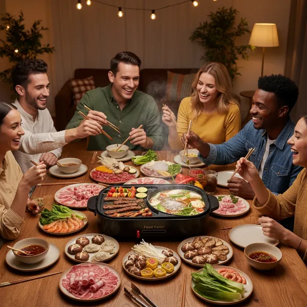 People enjoying Korean BBQ and hot pot with the Food Party 2-in-1 grill, minimal smoke.