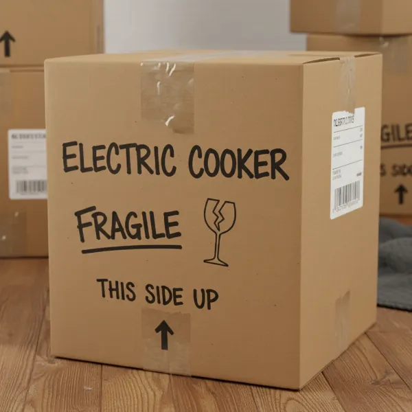 A securely sealed and clearly labeled cardboard box for an electric cooker, marked "Fragile" and "This Side Up."