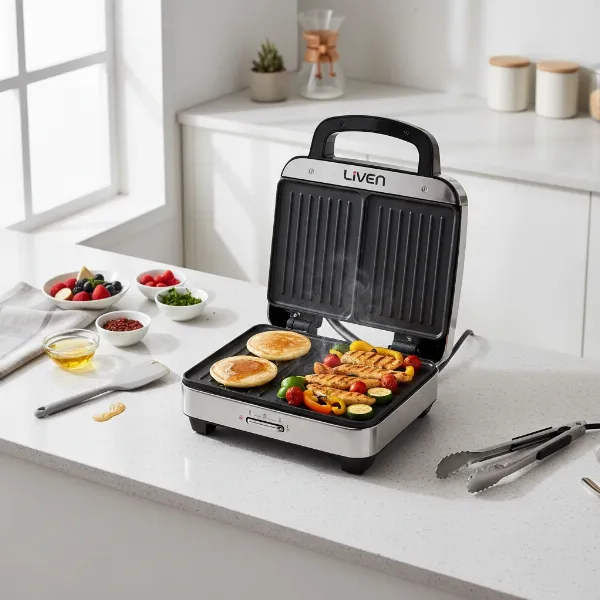 Liven electric baking and grill pan cooking various foods on a modern kitchen countertop.