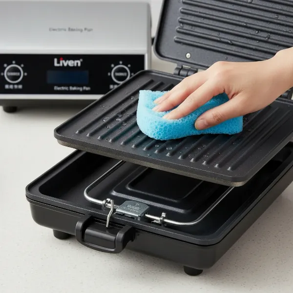 Close-up of Liven electric baking pan with removable non-stick plates being cleaned easily.
