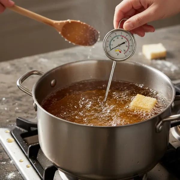 Hand holding a thermometer over a pot of hot oil, illustrating kitchen tests.