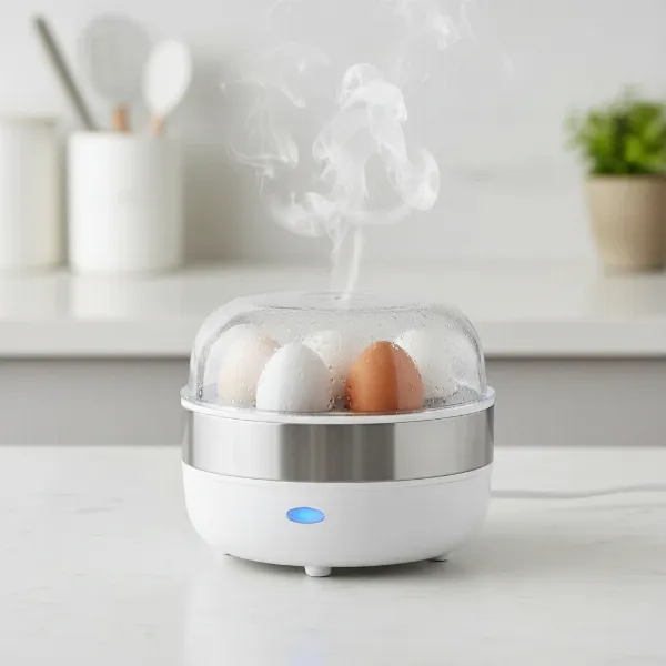 A compact mini electric egg cooker steaming eggs on a kitchen counter.