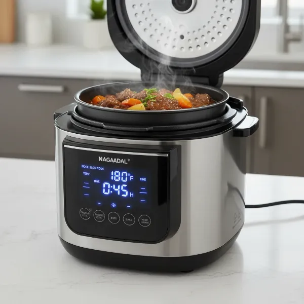 A sleek, modern digital electric cooker with various functions cooking a meal on a clean kitchen counter.