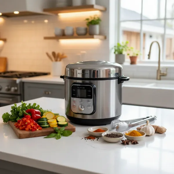 A silver multi-cooker on a kitchen island, surrounded by fresh ingredients for a meal, showcasing its versatility.