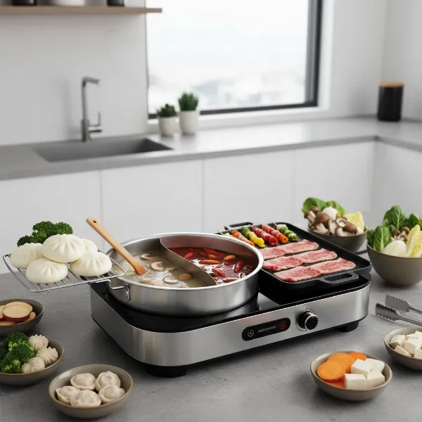 Multi-functional electric hot pot with steaming and grilling features in a modern kitchen.