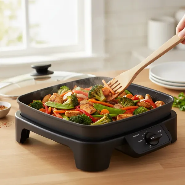 Nesco 12-inch electric skillet cooking a meal, highlighting its non-stick surface and versatile use.