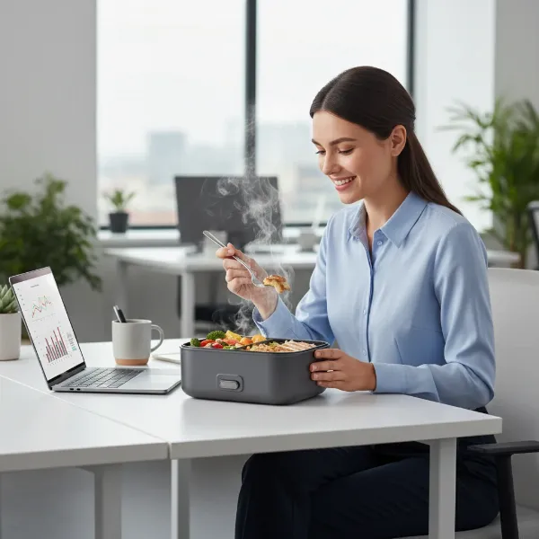 A happy office worker eats a warm, homemade meal from an electric lunch box at their desk.