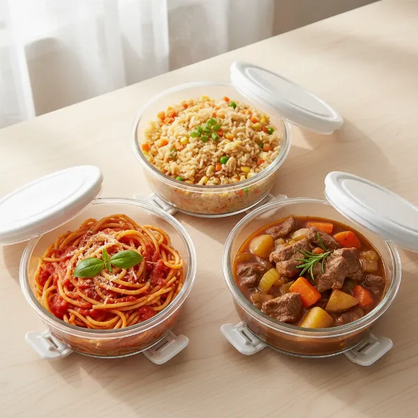 Various optimal dishes like pasta, rice, and stew ready for reheating in an electric lunch box.