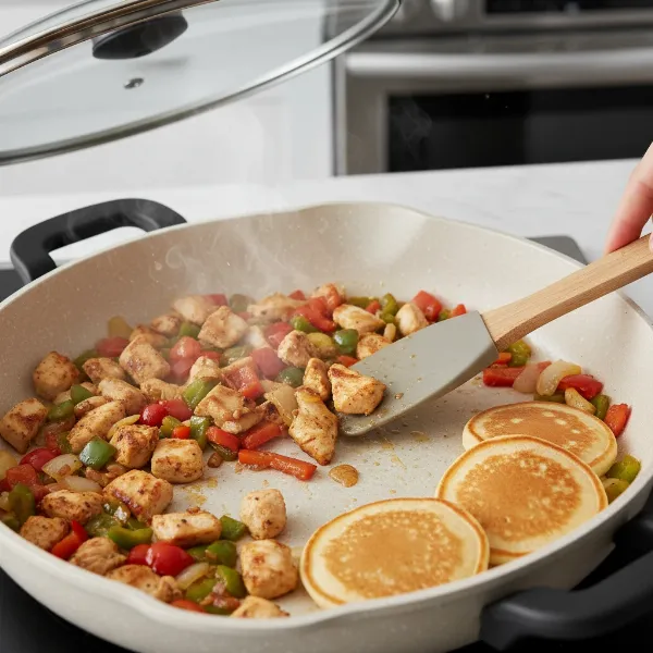 Oster DuraCeramic skillet actively cooking food, illustrating its non-stick surface and even heat distribution.