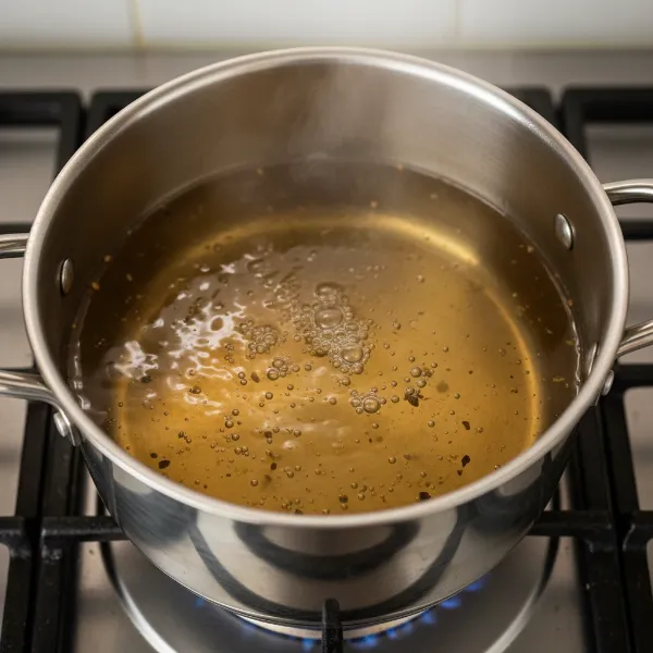 Close-up of a pot on a stove, showing liquid with small, gentle bubbles.