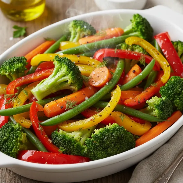 A vibrant mix of perfectly steamed vegetables in a serving dish, seasoned and ready to eat.