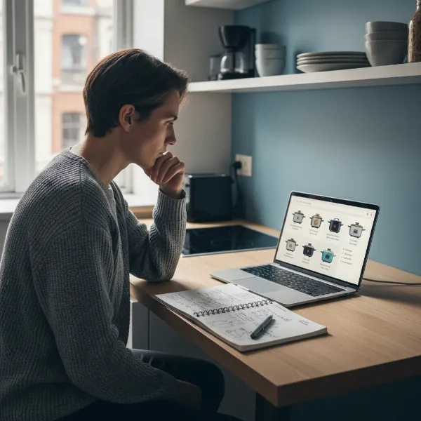 A person thoughtfully examining different compact electric cooker options on a laptop screen, making a decision.