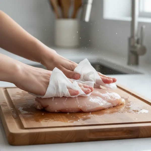 Hands using paper towels to thoroughly dry a piece of chicken before frying.