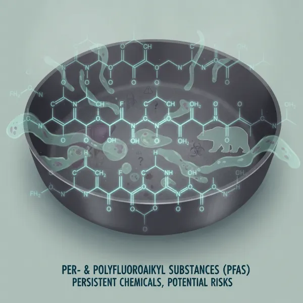 Illustration of PFAS chemicals and their presence in non-stick cookware, highlighting health concerns.