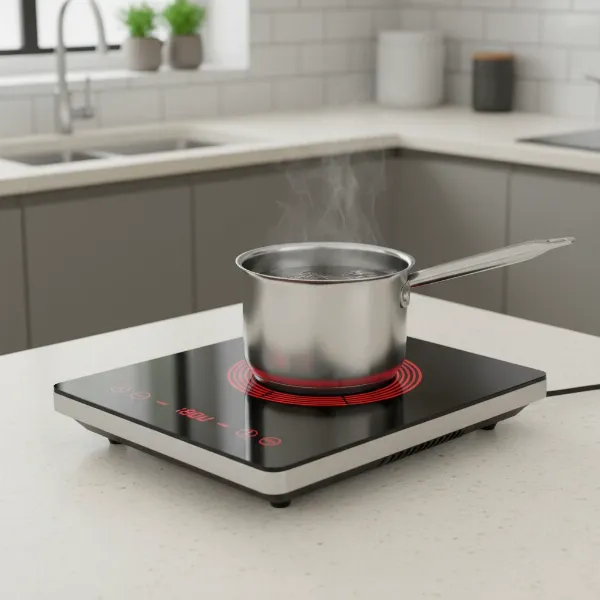 A sleek, black portable induction cooktop on a kitchen counter with a pot, highlighting its compact size.