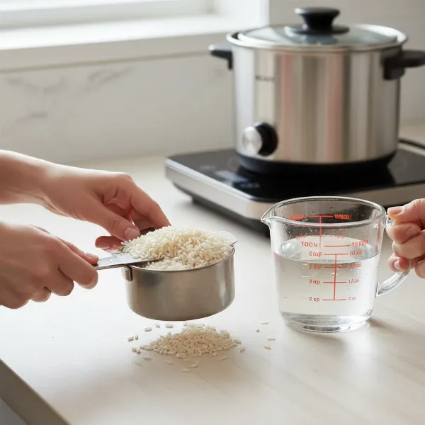 Hands precisely measuring rice and water with cups for electric hot pot cooking.